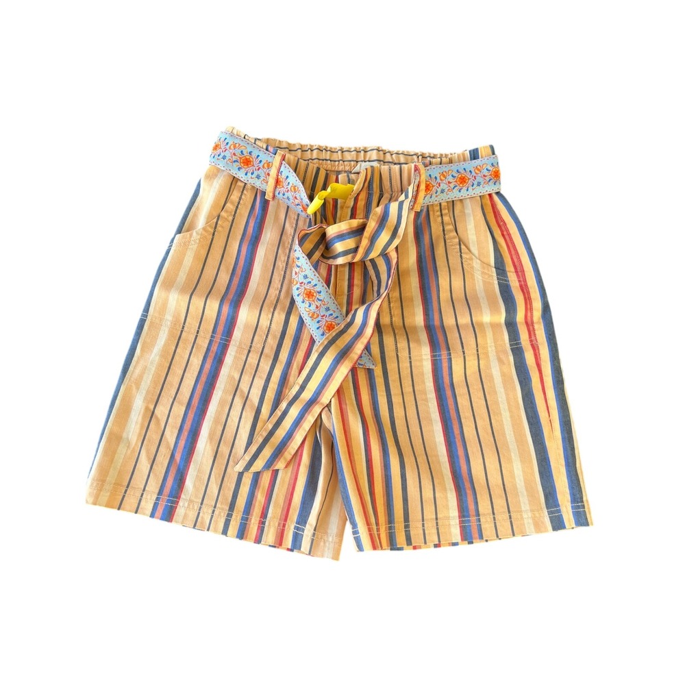 Soft Surroundings Womens Striped Boho Shorts Orange Blue Floral Embroidered Belt